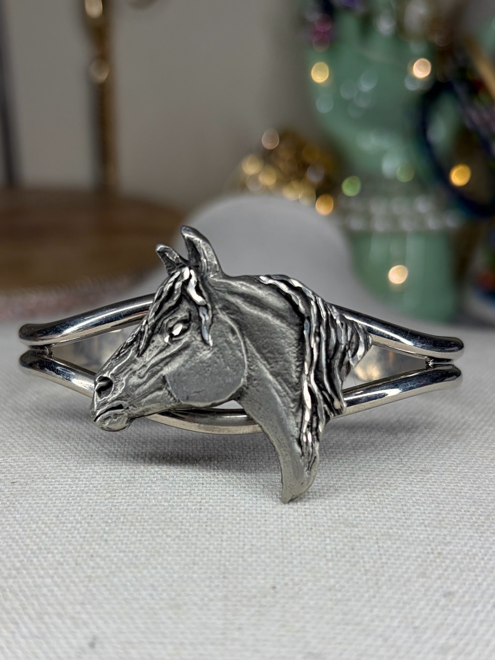 Vintage 90s Equestrian Horse Cuff Bracelet Pewter Signed Jewelry Western Rodeo